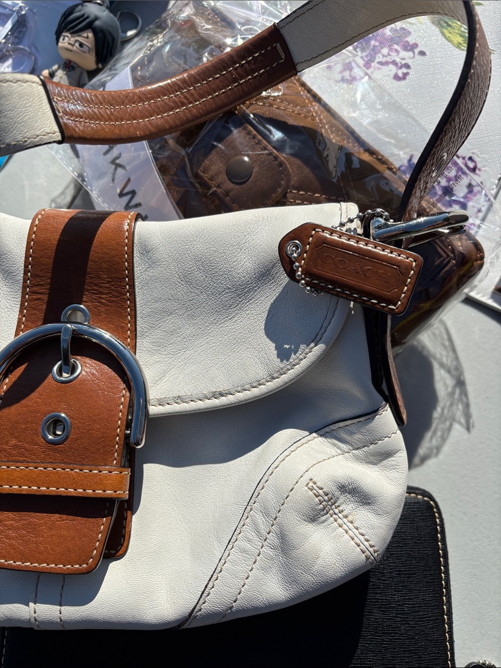 Coach White and Brown Leather Shoulder Bag with Buckle Accent - Picture 3 of 5